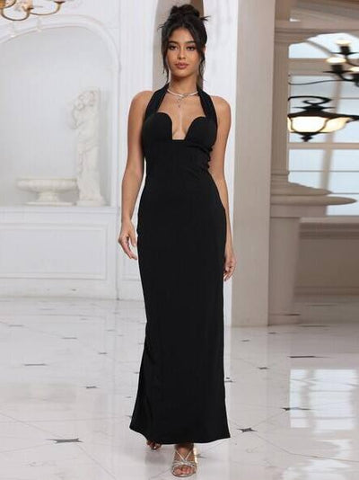 Deep Halterneck Slit Maxi Dress in black, halter neckline, floor-length; on sale.