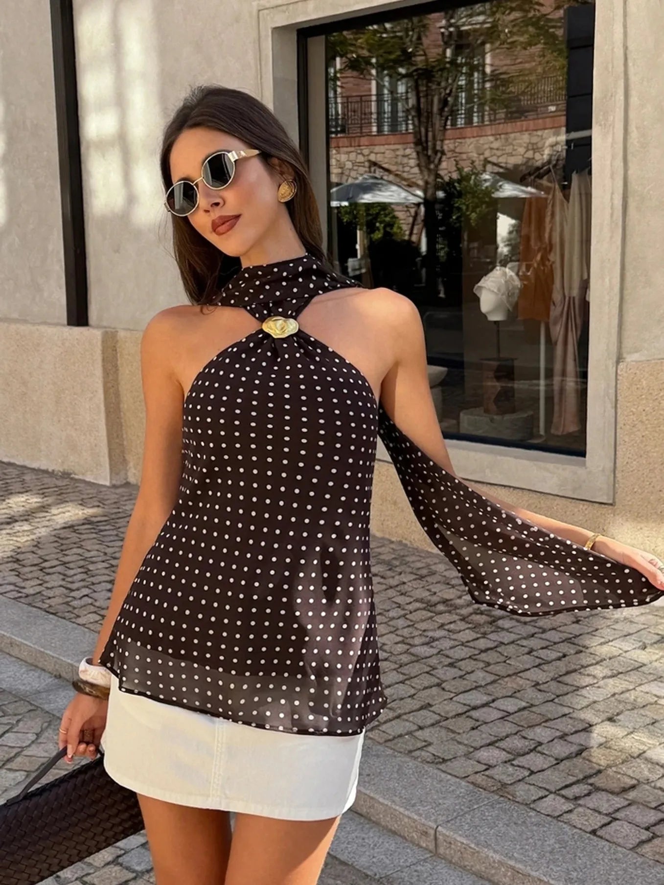 Polka Dot Scarf Neck Sleeveless Top by Exclusives, black with white dots, blouse on sale