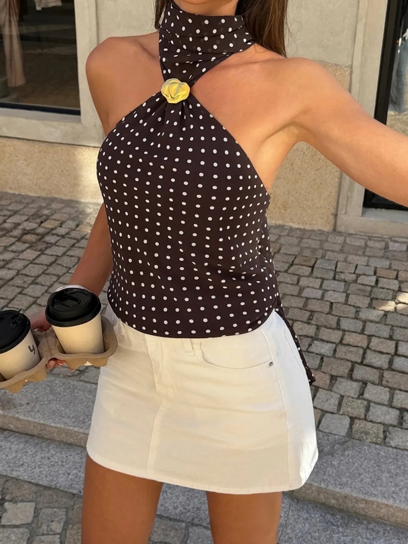 Polka Dot Scarf Neck Sleeveless Top by Exclusives, black with white polka dots, on sale