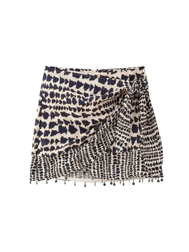 Tied Beaded Animal Print Wrap Short Skirt