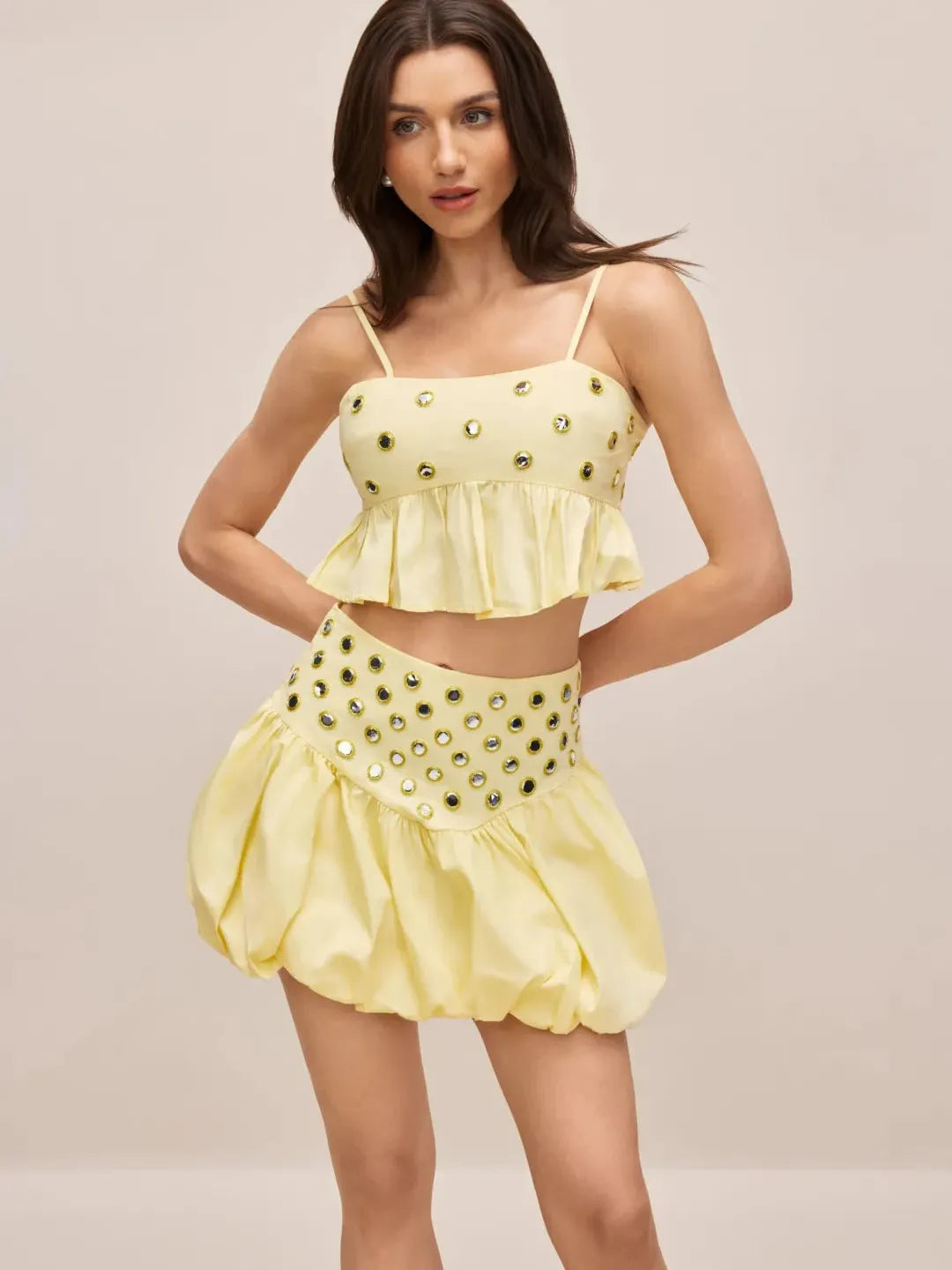 Eyelet Embellished Ruffle Co‑Ord Set by Exclusives in pale yellow; two-piece with cropped top and bubble skirt