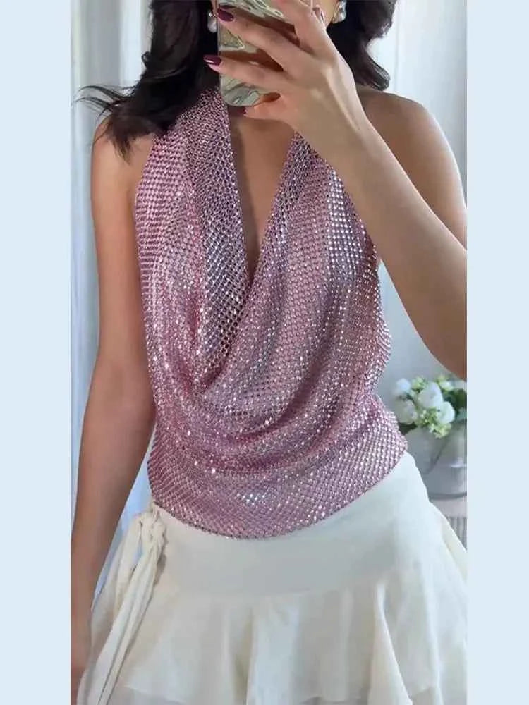 Rhinestone mesh deep cowl halter top, pink, Exclusives tank top on sale