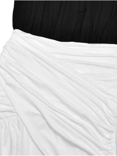 Plunge Halter Ruched Maxi Dress with black bodice and white ruched skirt.