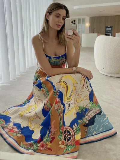 Tied Spaghetti Strap Nautical Floral Print Midi Dress