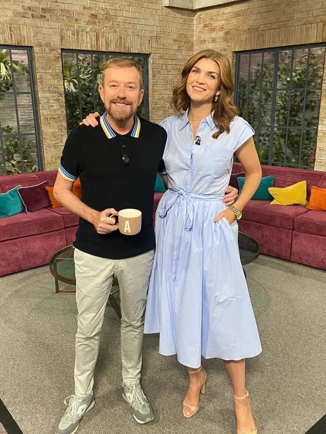 Blue Short Sleeves Midi Dress with Belt