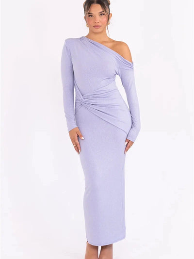 One Shoulder Shimmer Ruched Full Sleeves Maxi Dress