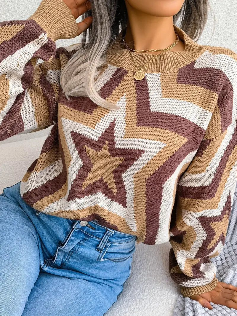 Star print long sleeve pullover sweater by EXCLUSIVES; earthy tan, brown and cream star pattern knit.