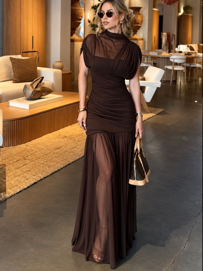 Sheer Mesh Ruched Pleated Maxi Dress in chocolate brown by Exclusives