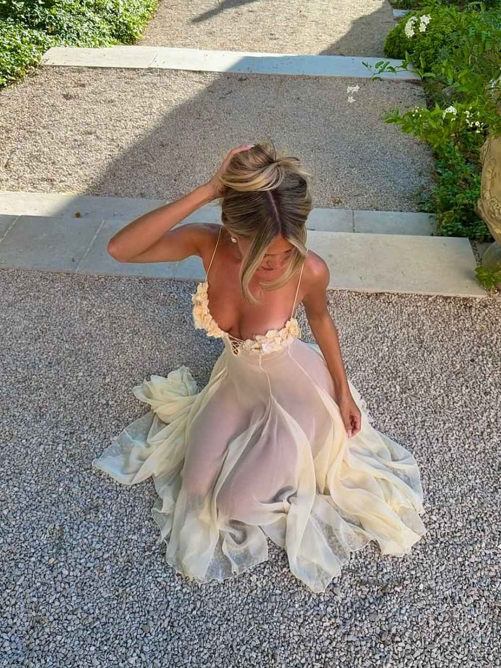 Floral Applique Lace-Up Midi Dress, pastel chiffon skirt with floral bodice and spaghetti straps