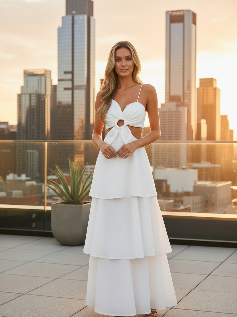 Flower Applique Cutout Backless Ruffle Dress, white tiered skirt with circular waist cutout and spaghetti straps.