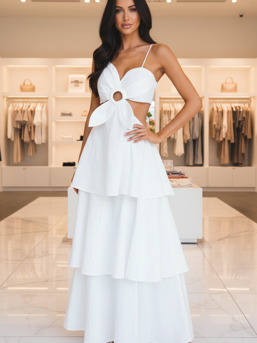 Flower Applique Cutout Backless Ruffle Dress in white by EXCLUSIVES