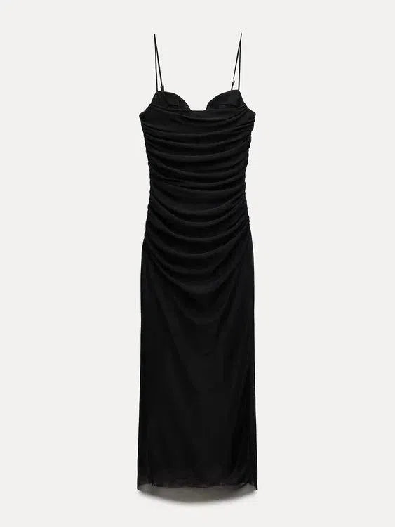 Animal/ Black Print Spaghetti Strap Ruched Dress