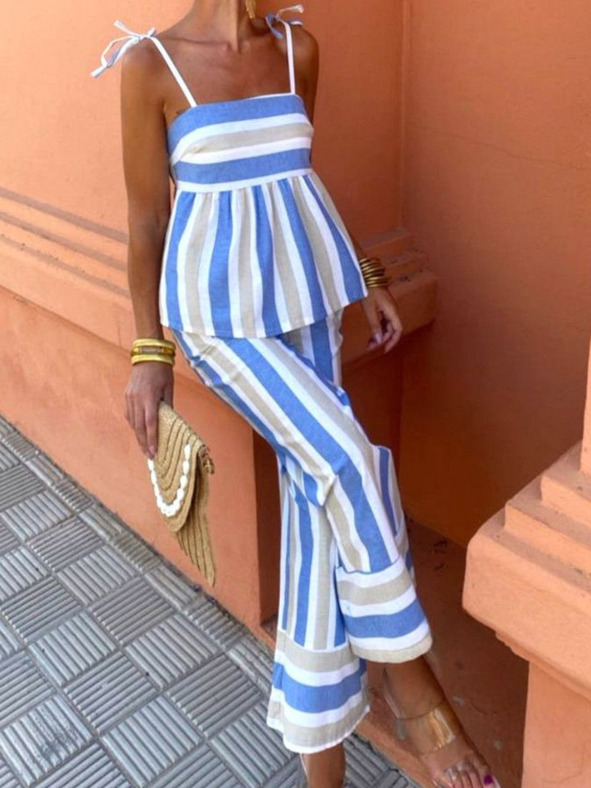 Striped Printed Lace Up Camisole Top & Wide Leg Pant Coord Set