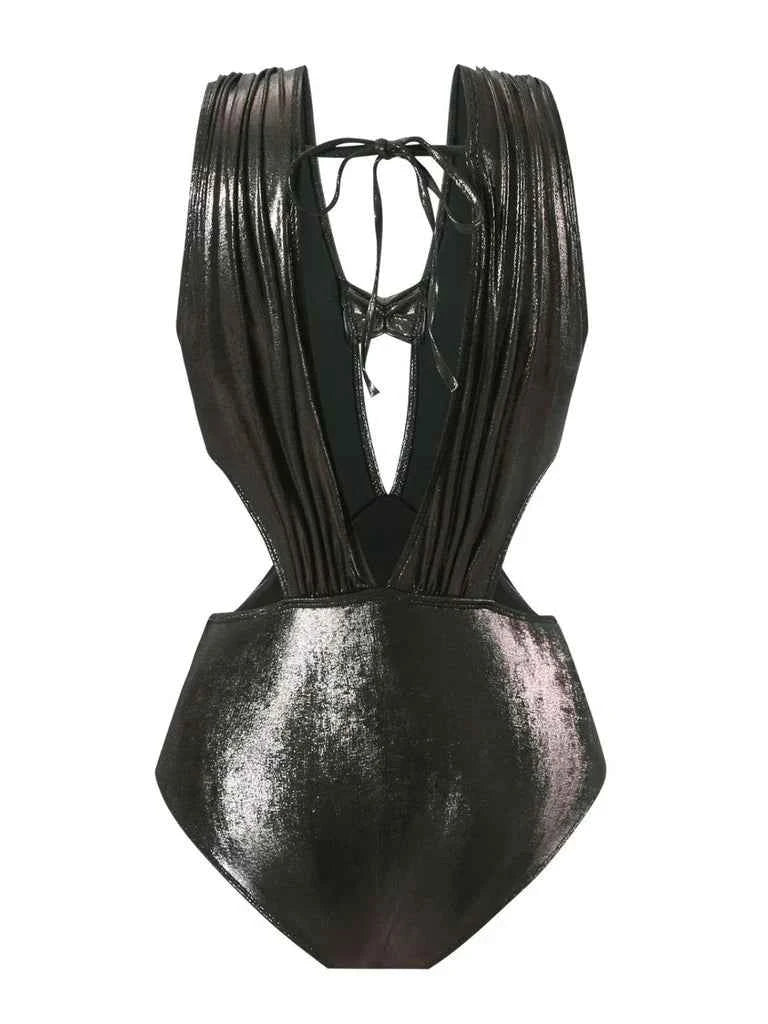 Midnight Metallic Cross-Front Swimsuit & Ruched Maxi Skirt Set