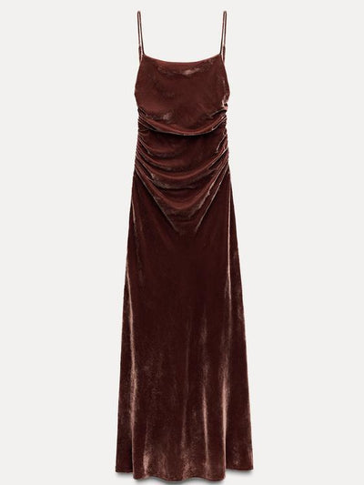 Velvet Spaghetti Strap Ruched Maxi Dress