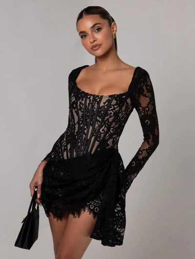 Lace Corset Full Sleeves Ruched Ribbon Short Dress