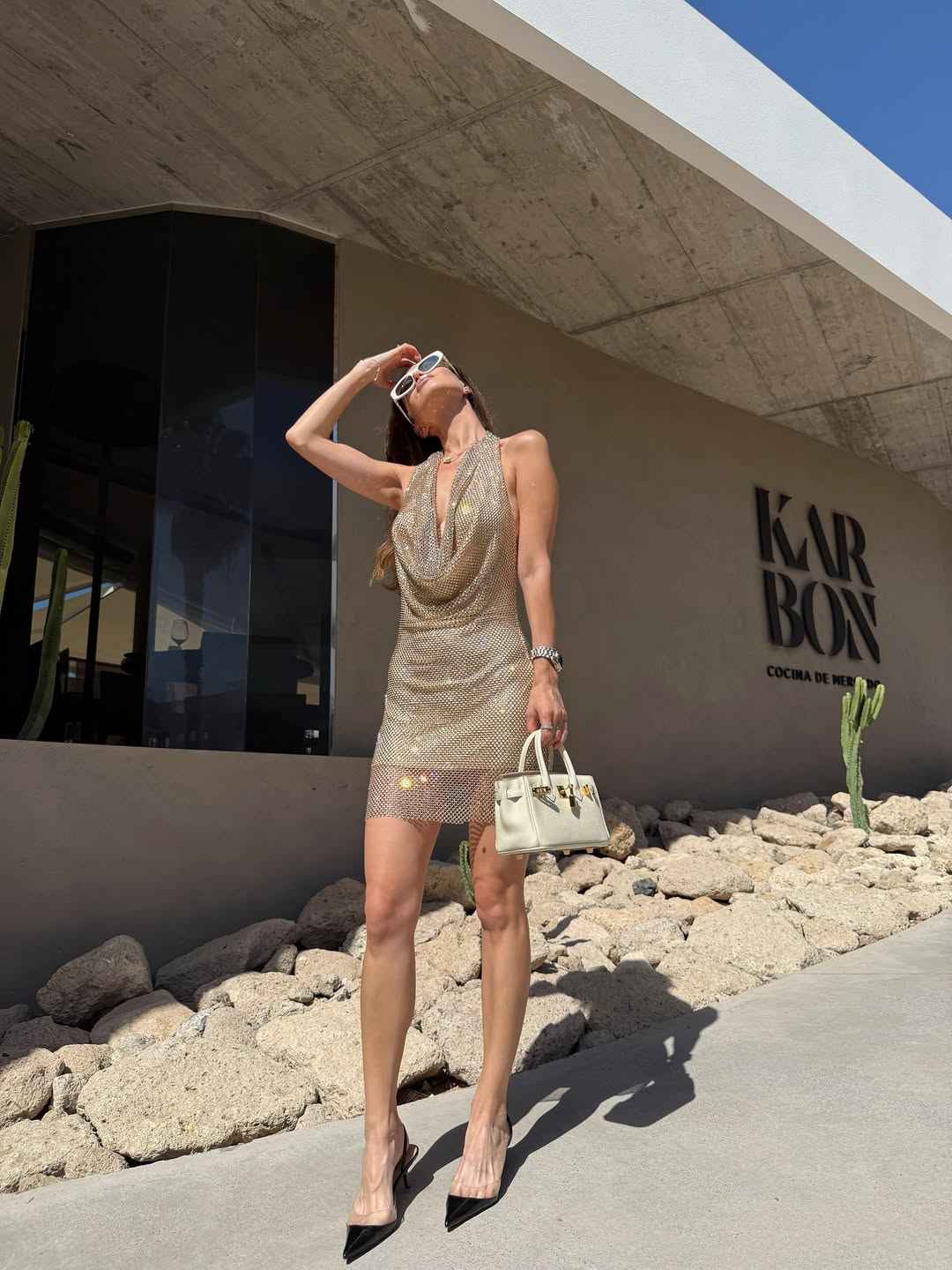 Rhinestone mesh deep-cowl halter mini dress in gold-tone, on sale