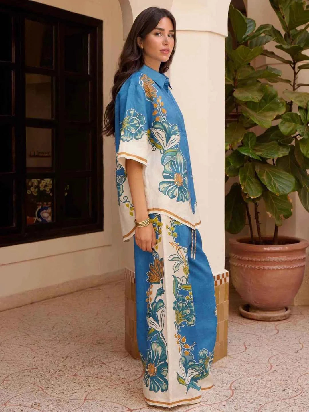 Exclusives 2-piece Floral Border Print Shirt & Wide-Leg Pants Set in blue and white