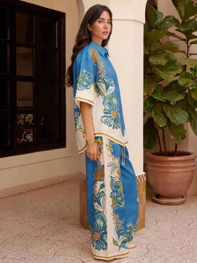 Exclusives 2-piece Floral Border Print Shirt & Wide-Leg Pants Set in blue and white