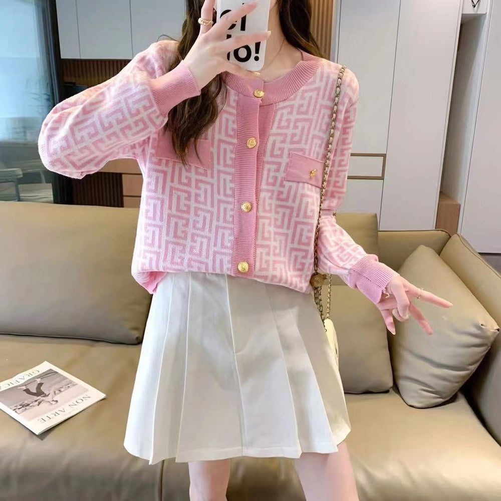 Print Fifi Button Knit Top pink geometric knit with gold buttons