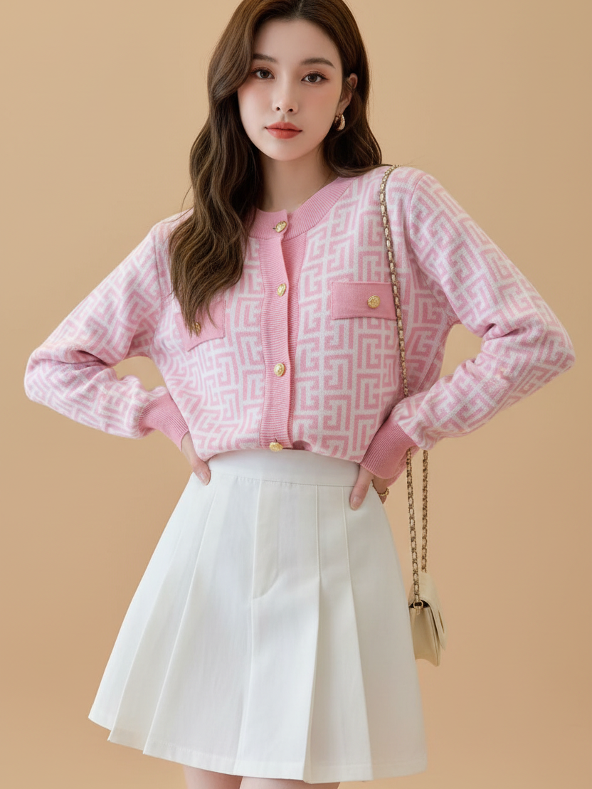 Print Fifi Button Knit Top pink geometric cardigan knit top with gold buttons, worn with a white pleated skirt
