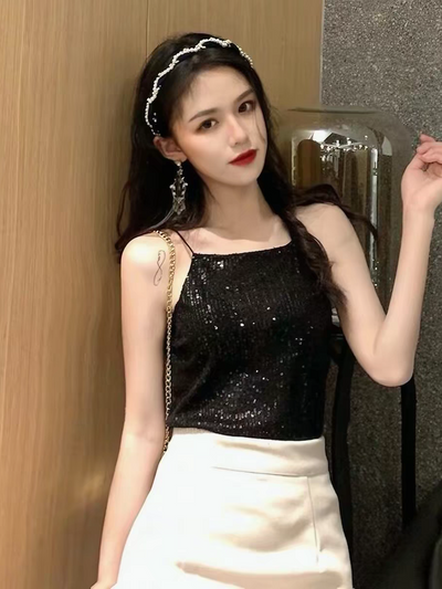 Rhinestone mesh halter top, black sequin top by SR Store
