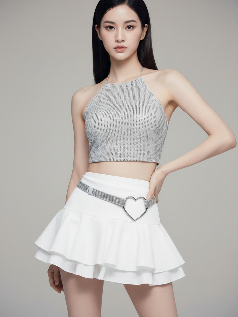 Rhinestone Mesh Halter Top, silver; SR Store Tops on Sale, shown with white layered skirt and heart-buckle belt