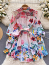 Floral Lantern Sleeves Print Belt Short Dress