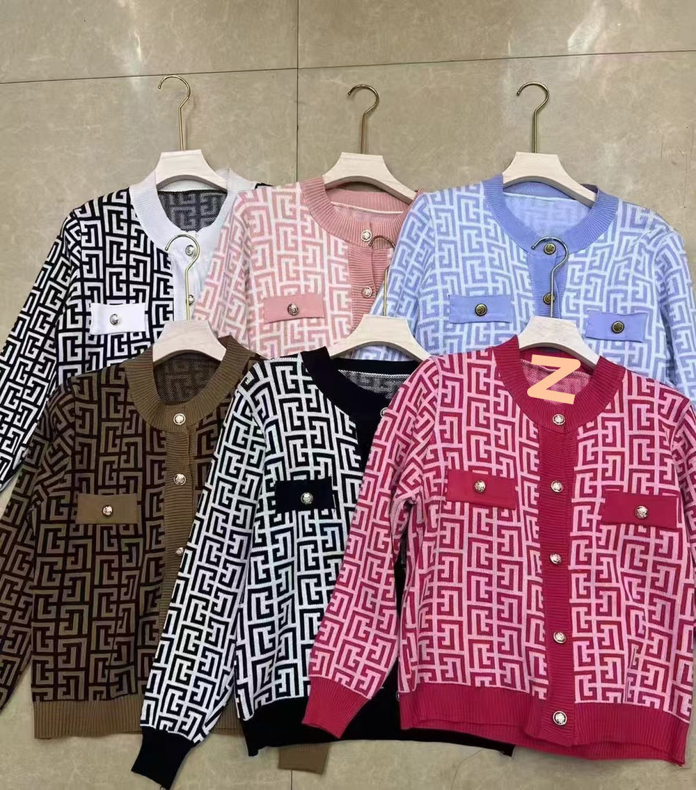 Print Fifi Button Knit Top by SR Store, button-front knit blouse in six colorways with geometric pattern.
