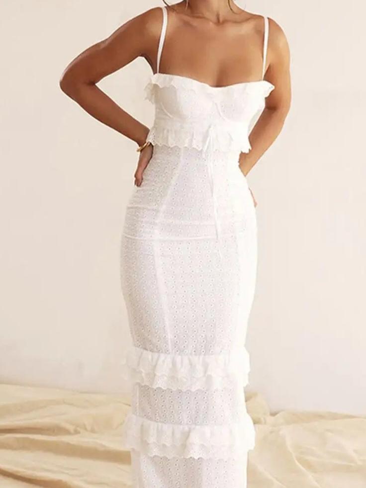 White Seraphine ruffle-eyelet maxi dress with spaghetti straps and tiered ruffles