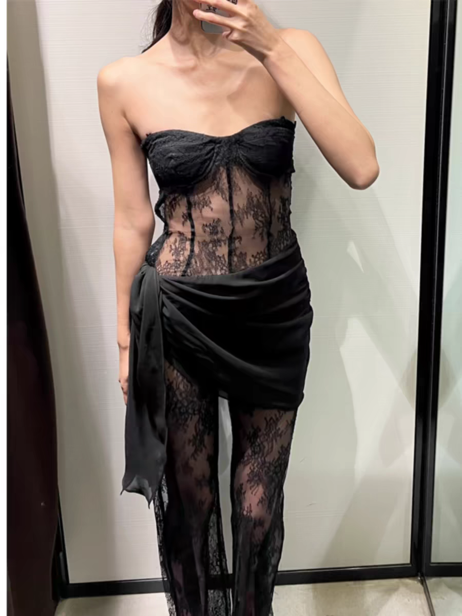 Black Bandeau Tube Lace Jumpsuit