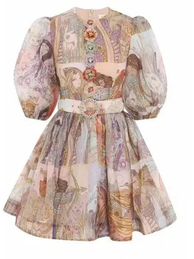 Abstract Vintage flower patch Dress with Belt