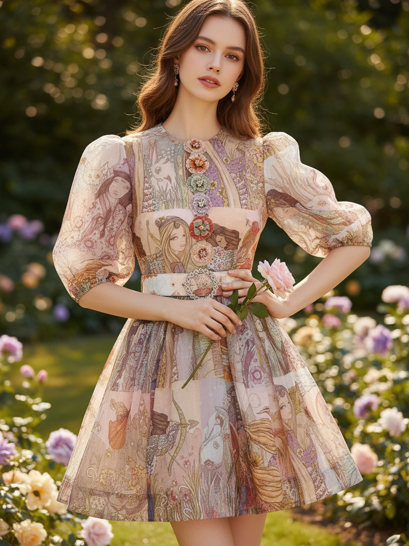 Dress: EXCLUSIVES abstract vintage flower patch print with belt, pastel hues and puff sleeves.