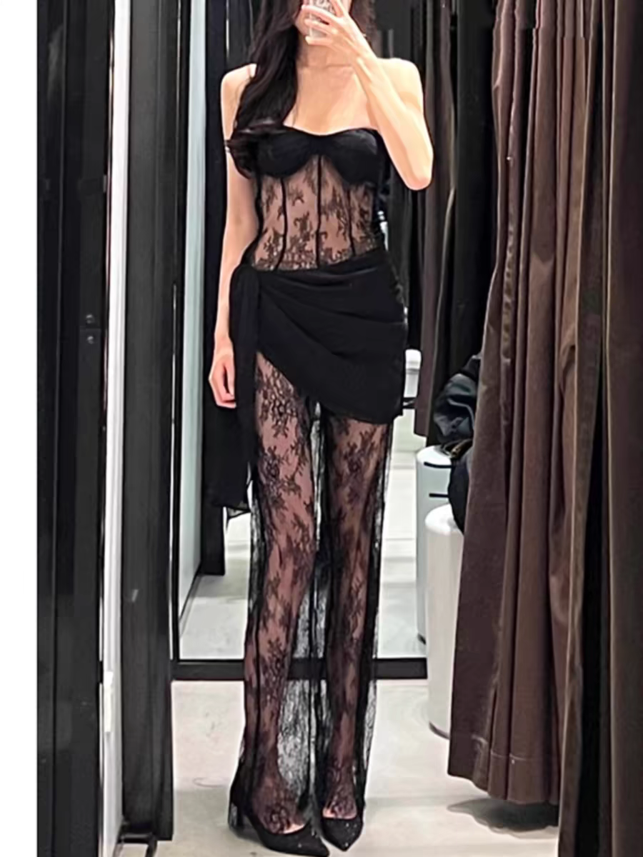 Black Bandeau Tube Lace Jumpsuit