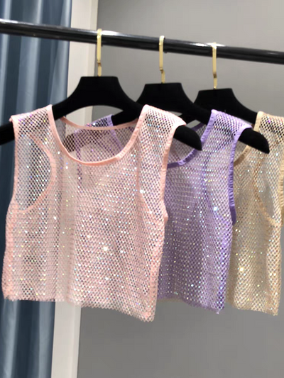 Sleeveless rhinestone crop tank top from SR Store; three pastel mesh tops in pink, lavender, and champagne.