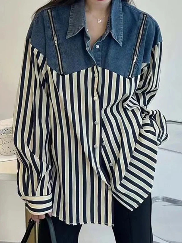 Stripe Cotton Shirt with Denim Patch