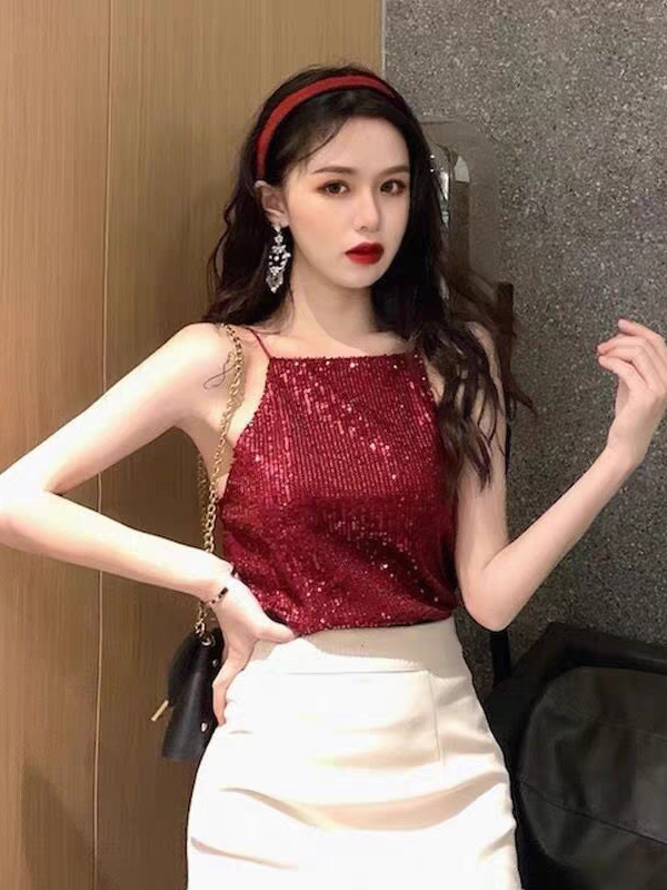 Rhinestone mesh halter top by SR Store, red sequined sleeveless top on sale