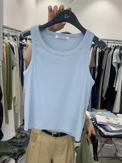 Sleeveless ribbed crop tank top in light blue on sale