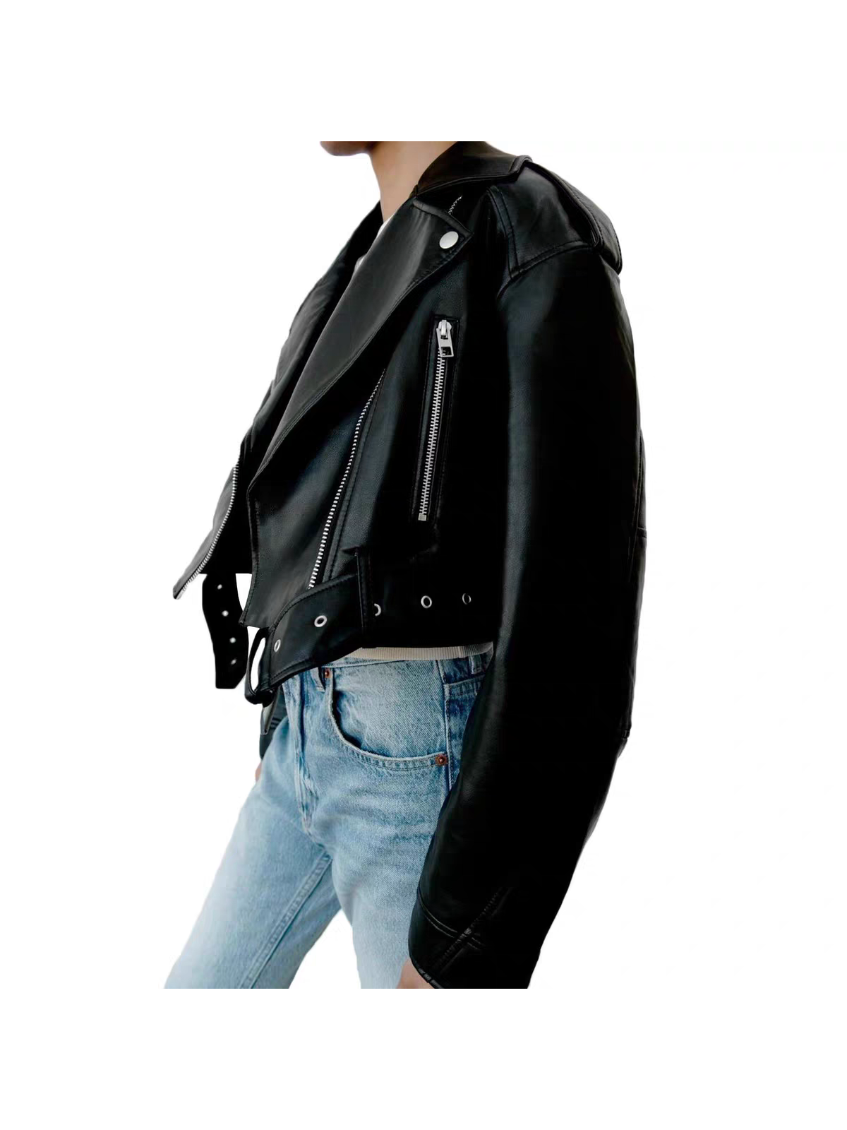 PU Leather Lapel Collar Crop Jacket With Belt, black with silver zippers