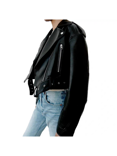 PU Leather Lapel Collar Crop Jacket With Belt, black with silver zippers
