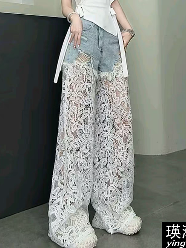 Rhinestone Lace Crochet Denim Pant