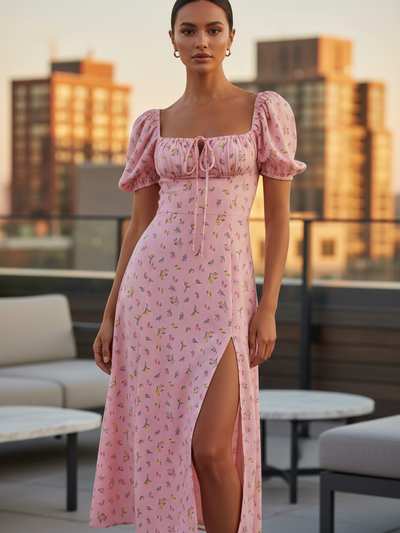 Floral Print Slit Maxi Dress, pink floral pattern, tie-front bodice by SR Store