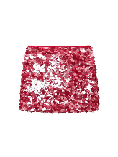 Pink and red coin sequins cover a square bag with a pink zipper along the top.