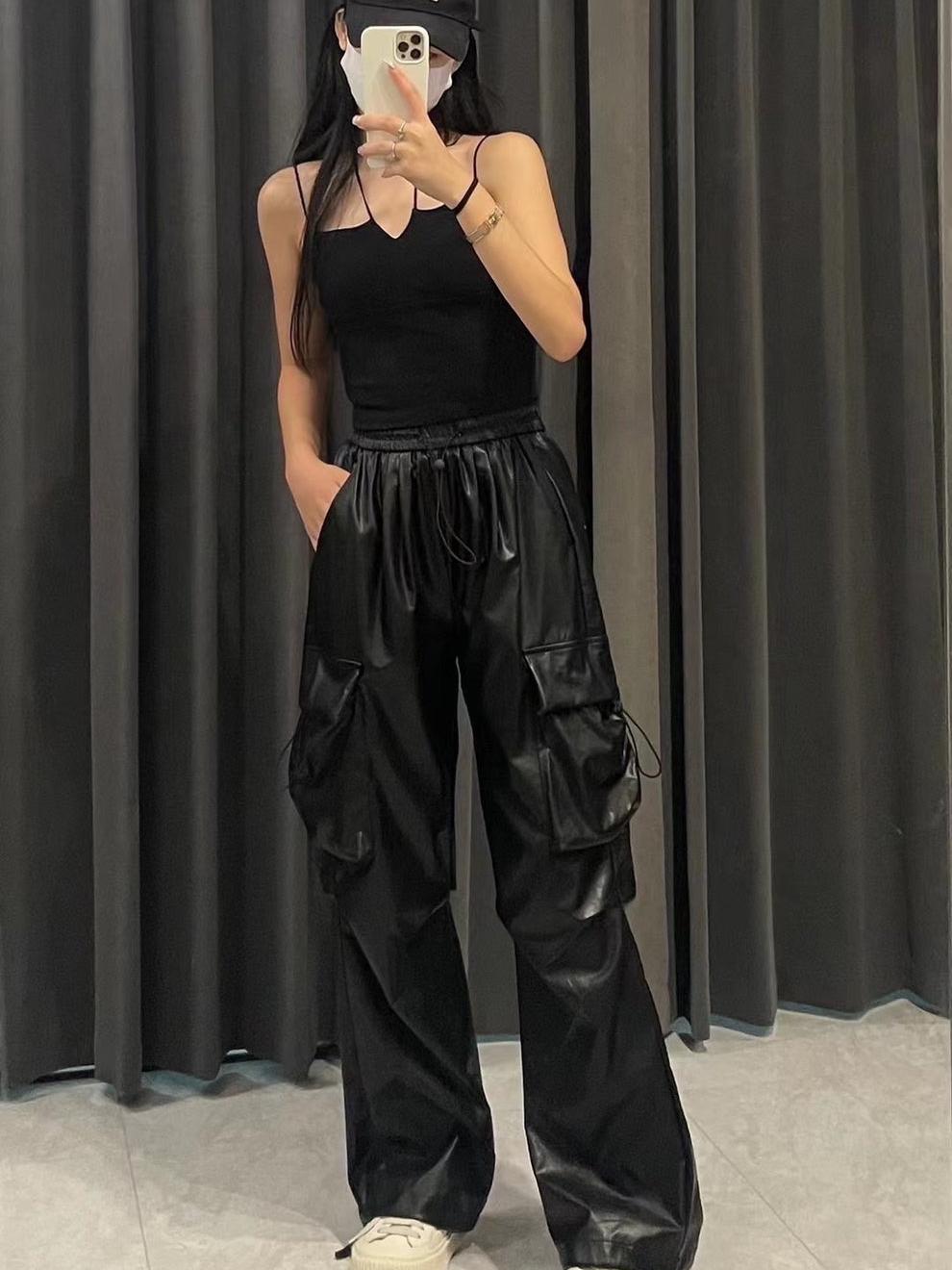 Faux Leather Cargo Pants on Sale by SR Store, black cargo pants with multiple pockets and drawstring waist.