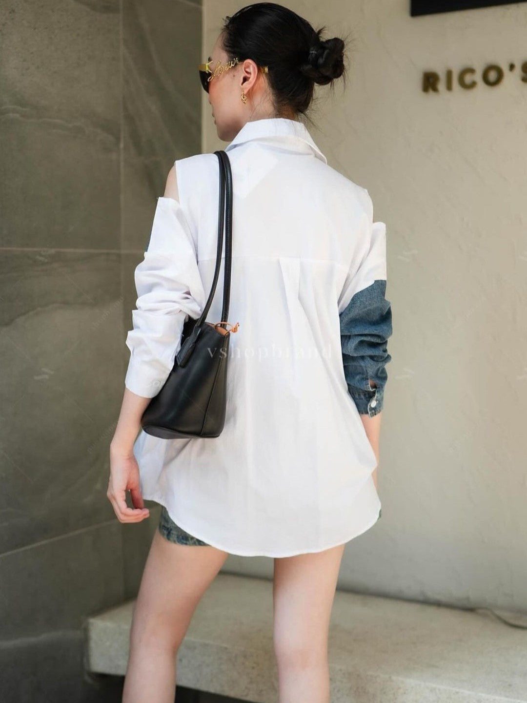 Denim Cutout Shoulder Belted Shirt