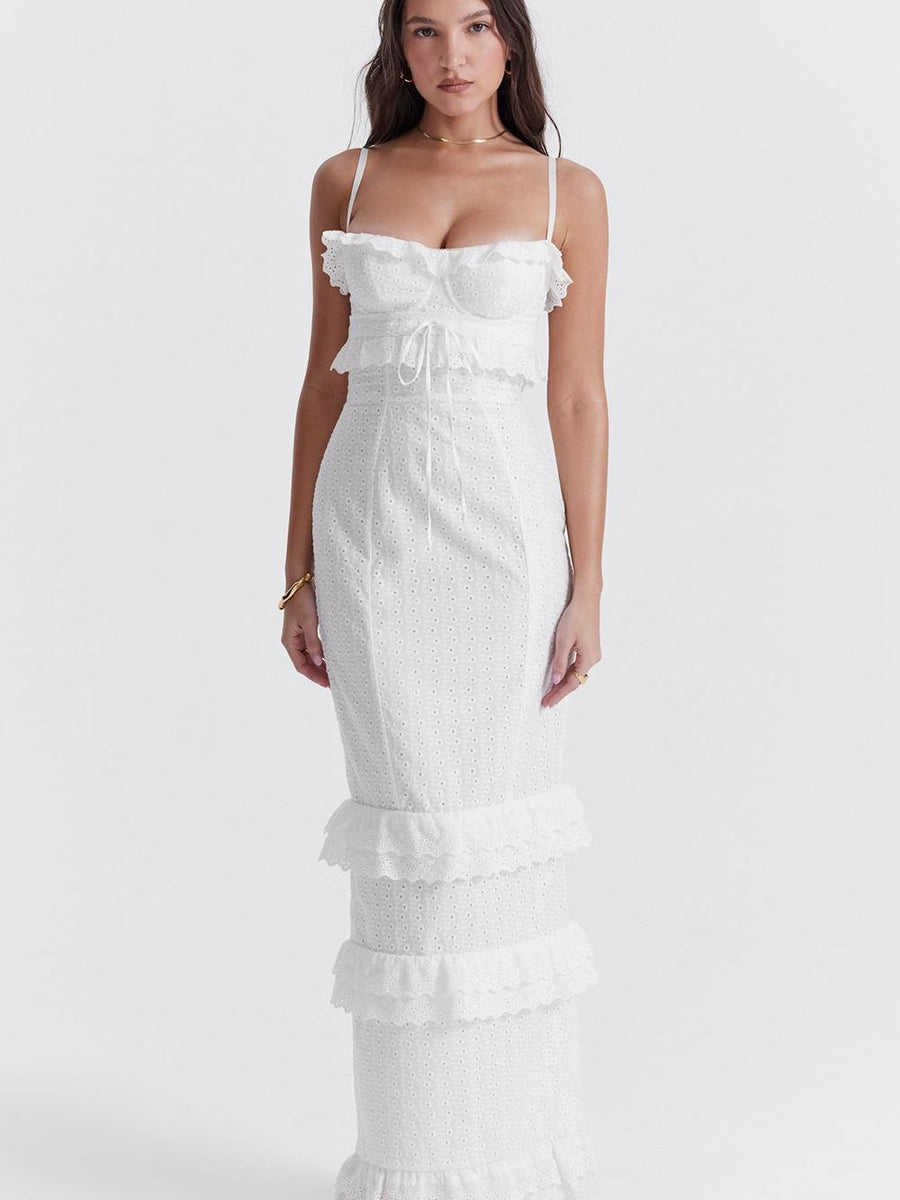 White Seraphine Ruffle Eyelet Maxi Dress with spaghetti straps and tiered ruffles