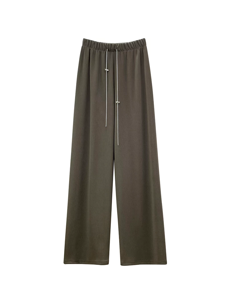 Ribbed wide-leg pant by SR Store in olive green with drawstring waist, trousers on sale