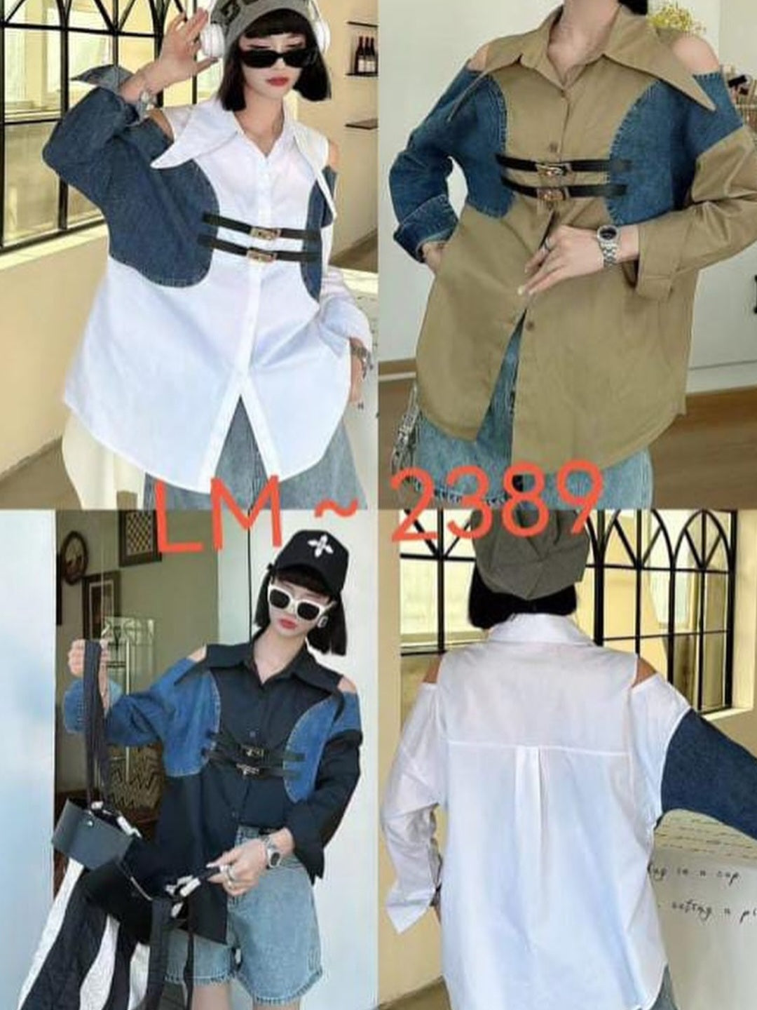 Denim Cutout Shoulder Belted Shirt