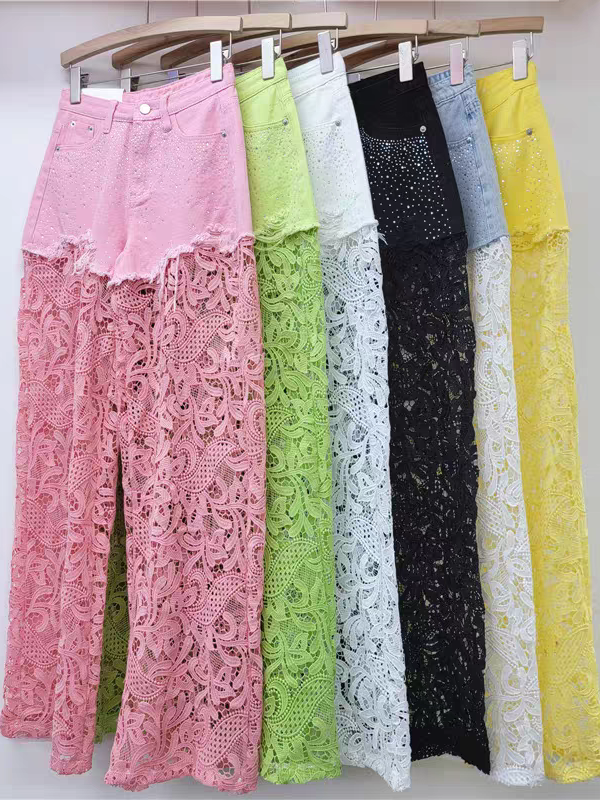 Rhinestone Lace Crochet Denim Pant