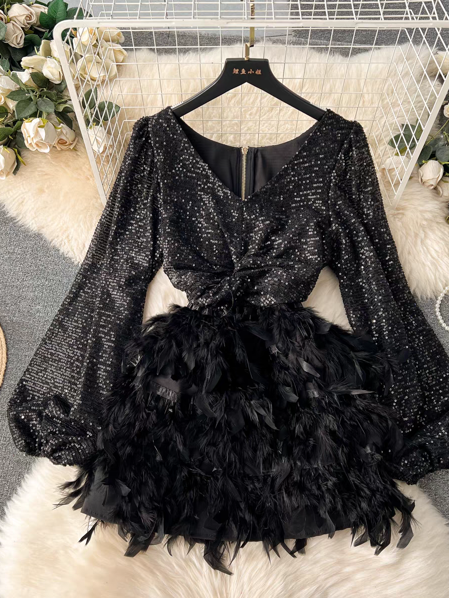 V neckline Sequins Feather Dress